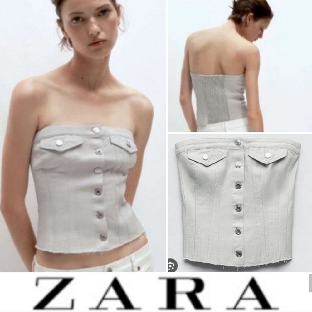 Zara Metallic Denim Corset Top With Stretch Back, Silver, Cotton